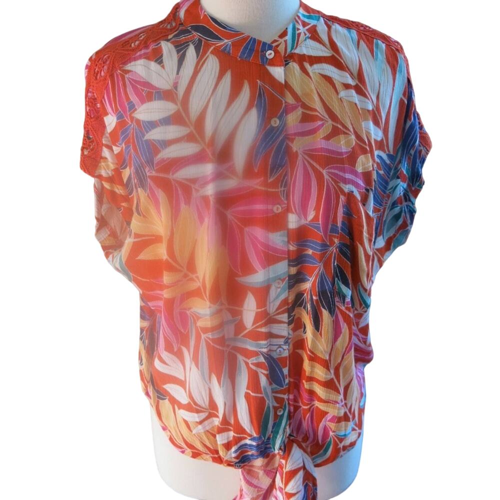 Floral Tropical Top *NWT* Size S  Tie Front Summer Hawaiian Orange Aloha Casual